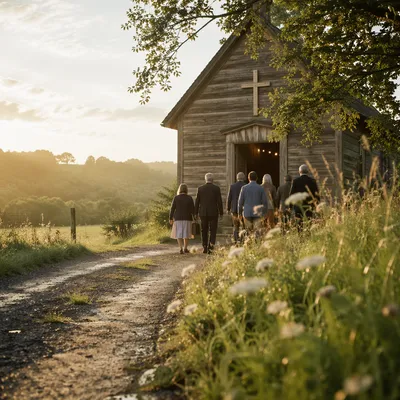 Small Wooden Countryside Chapel at Sunrise
