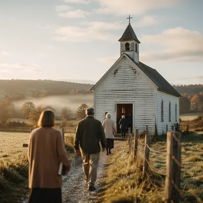 Small Countryside Chapel in Autumn Morning Mist