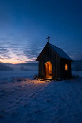 Rustic Wooden Chapel in Snowy Countryside