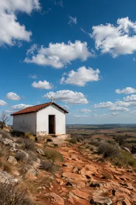 Wooden Countryside Chapel on Rocky Hilltop