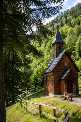 Rustic Wooden Chapel in Mountain Forest