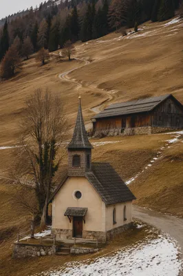 Small Wooden Chapel in Winter Countryside