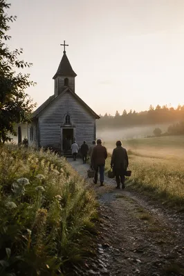 Small Wooden Chapel in Misty Countryside