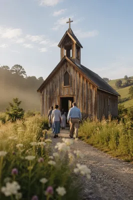Weathered Wooden Chapel in Misty Countryside