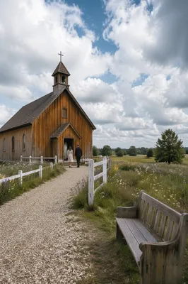Countryside Wooden Chapel with Gravel Path