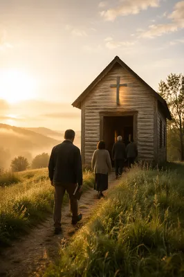Countryside Wooden Chapel at Spring Sunrise