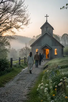 Misty Countryside Chapel at Spring Sunrise