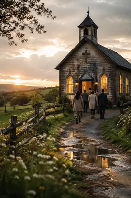 Countryside Wooden Chapel After Spring Rain
