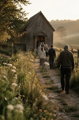 Small Wooden Chapel on Autumn Country Lane