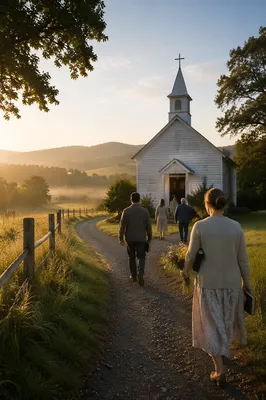 Rural Wooden Chapel at Sunrise Service