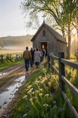 Small Wooden Chapel on Misty Country Lane