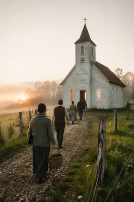 Misty Countryside Chapel at Golden Sunrise