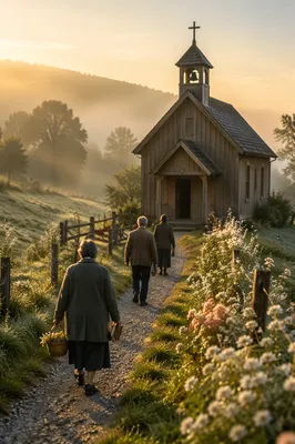 Misty Spring Morning at Wooden Countryside Chapel