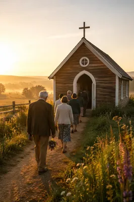 Small Wooden Chapel on Misty Country Lane