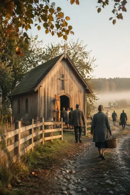 Small Wooden Chapel on Misty Countryside Lane