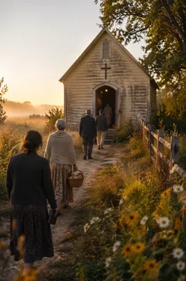 Countryside Wooden Chapel at Sunrise