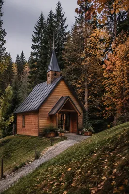 Small Wooden Chapel in Autumn Countryside