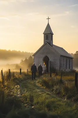 Small Wooden Chapel at Countryside Sunrise
