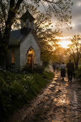 Weathered Countryside Chapel After Spring Rain