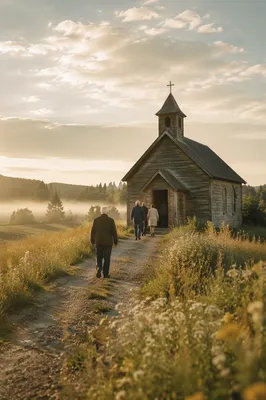 Small Wooden Countryside Chapel at Sunrise