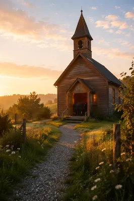 Countryside Wooden Chapel at Autumn Sunrise