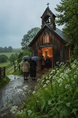 Rustic Countryside Chapel After Spring Rain