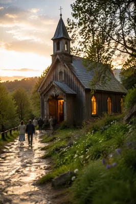 Small Wooden Chapel on Rainy Spring Morning