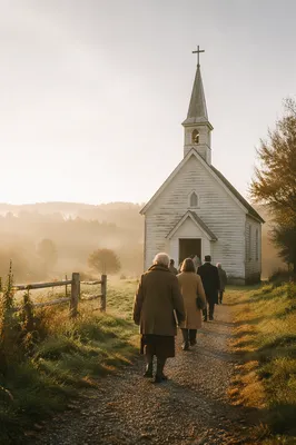 Small Wooden Chapel in Misty Countryside