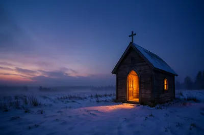 Rustic Wooden Chapel in Snowy Countryside