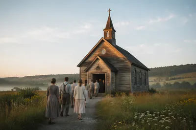 Small Wooden Chapel in Morning Countryside