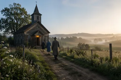 Rural Wooden Chapel at Dawn Gathering