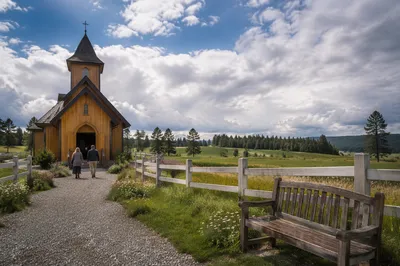 Countryside Wooden Chapel With Gravel Path
