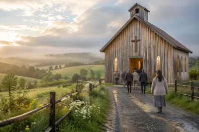 Small Wooden Chapel in Spring Countryside