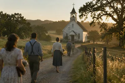 Sunrise Wooden Chapel in Rural Countryside