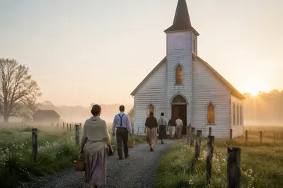 Misty Countryside Wooden Chapel at Sunrise