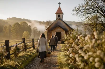 Misty Countryside Chapel at Spring Sunrise