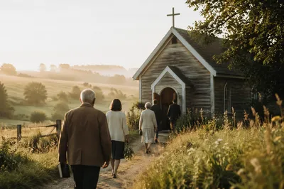 Small Wooden Chapel on Misty Country Morning