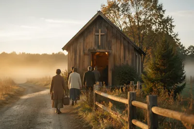 Small Wooden Chapel on Autumn Country Lane
