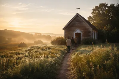 Countryside Wooden Chapel at Autumn Sunrise