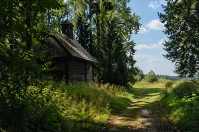 Small Wooden Chapel in Summer Countryside