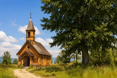 Rustic Countryside Chapel Under Clear Blue Sky
