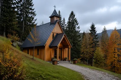 Small Wooden Chapel in Autumn Countryside