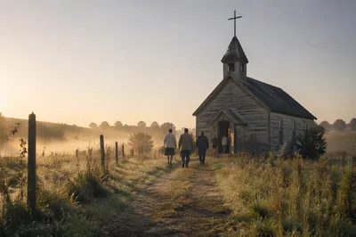 Small Wooden Chapel at Sunrise Meadow