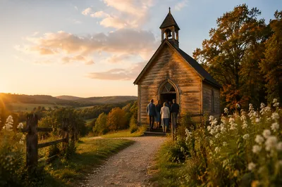 Wooden Countryside Chapel at Autumn Sunrise
