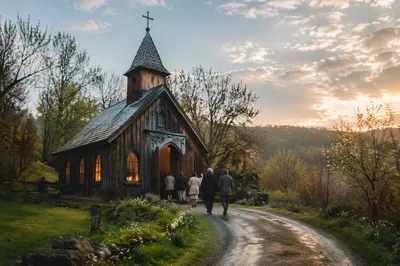 Weathered Countryside Chapel at Spring Sunrise