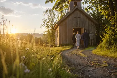 Countryside Wooden Chapel at Sunday Sunrise