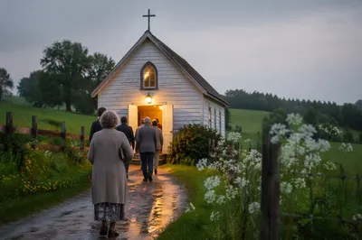 Welcoming Wooden Chapel After Spring Rain