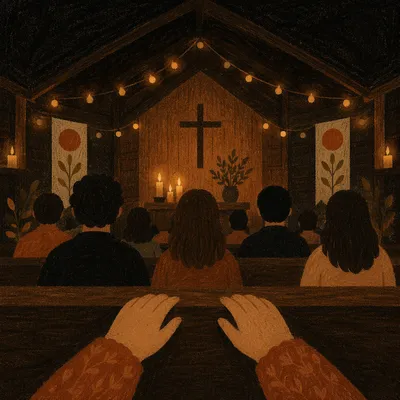 Golden Bokeh in Wooden Chapel Interior