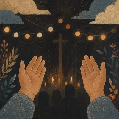 Raised Hands with Warm Chapel Bokeh
