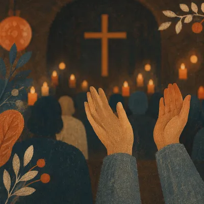 Raised Hands in Dim Chapel Light